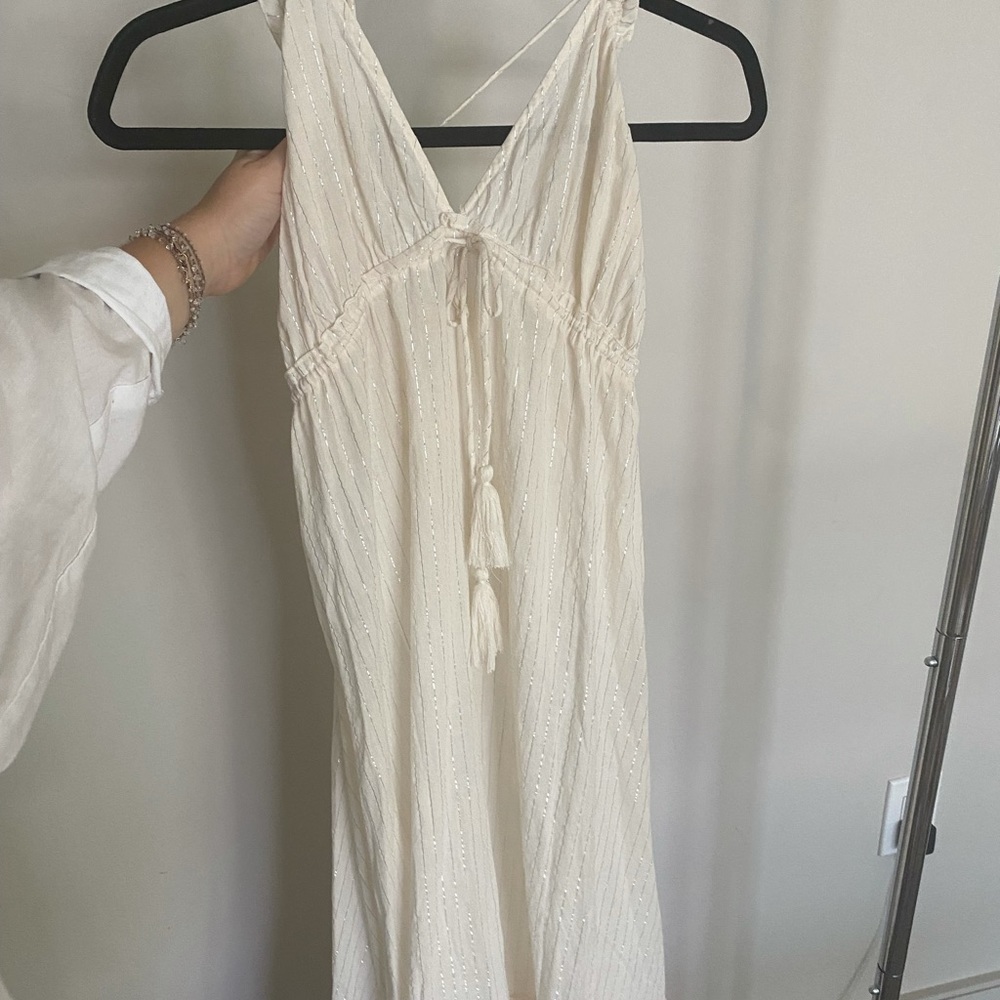 Tularosa S white maxi dress with rainbow pom poms